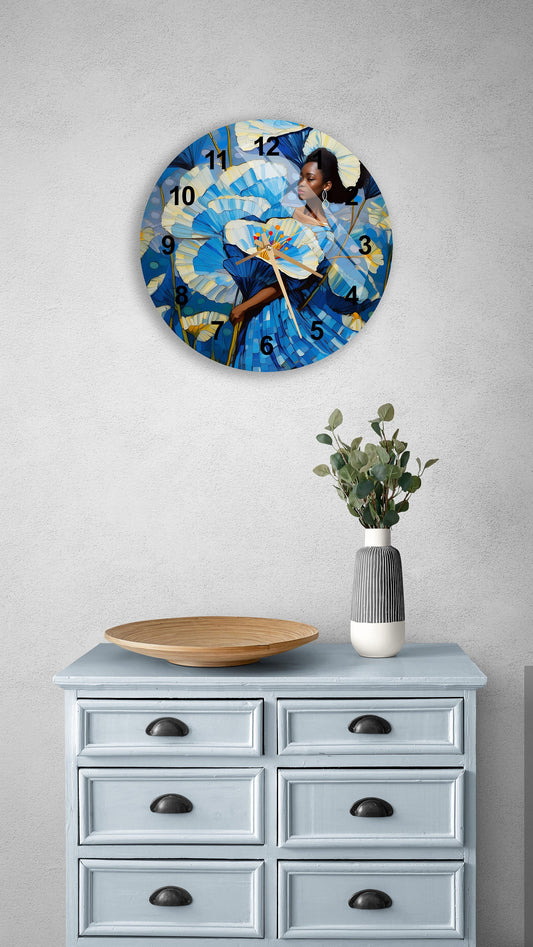 Tempered Glass Wall Clock – Blue Floral Garden Theme | Stylish Silent Decor