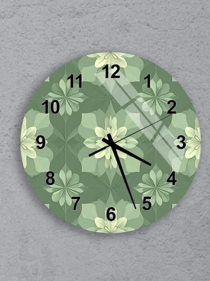 six round wall clocks with green floral designs on their faces, arranged in a grid pattern on a gray background.