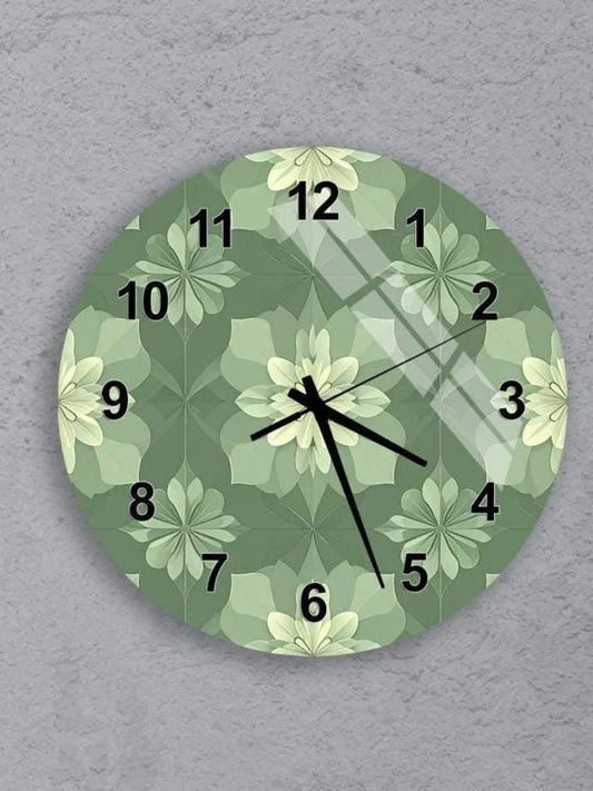 six round wall clocks with green floral designs on their faces, arranged in a grid pattern on a gray background.