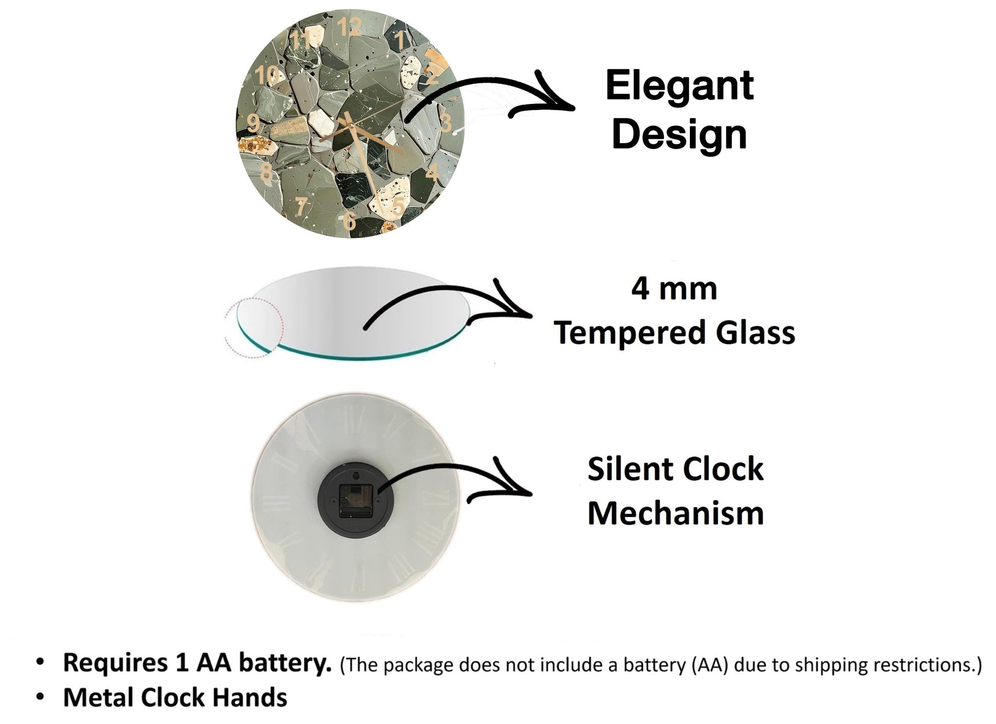 The image is a diagram that illustrates the features of a clock, including the type of glass used, the mechanism, and the battery requirements.