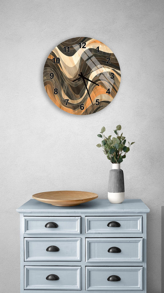 a wall clock with a unique abstract design, mounted on a wall above a light blue dresser with six drawers. The dresser also has a vase with greenery on it, and there is a wooden plate on top of the dresser.