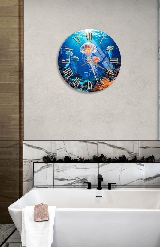 Tempered Glass Wall Clock - Blue Jellyfish Decor | Ocean Themed Silent Clock
