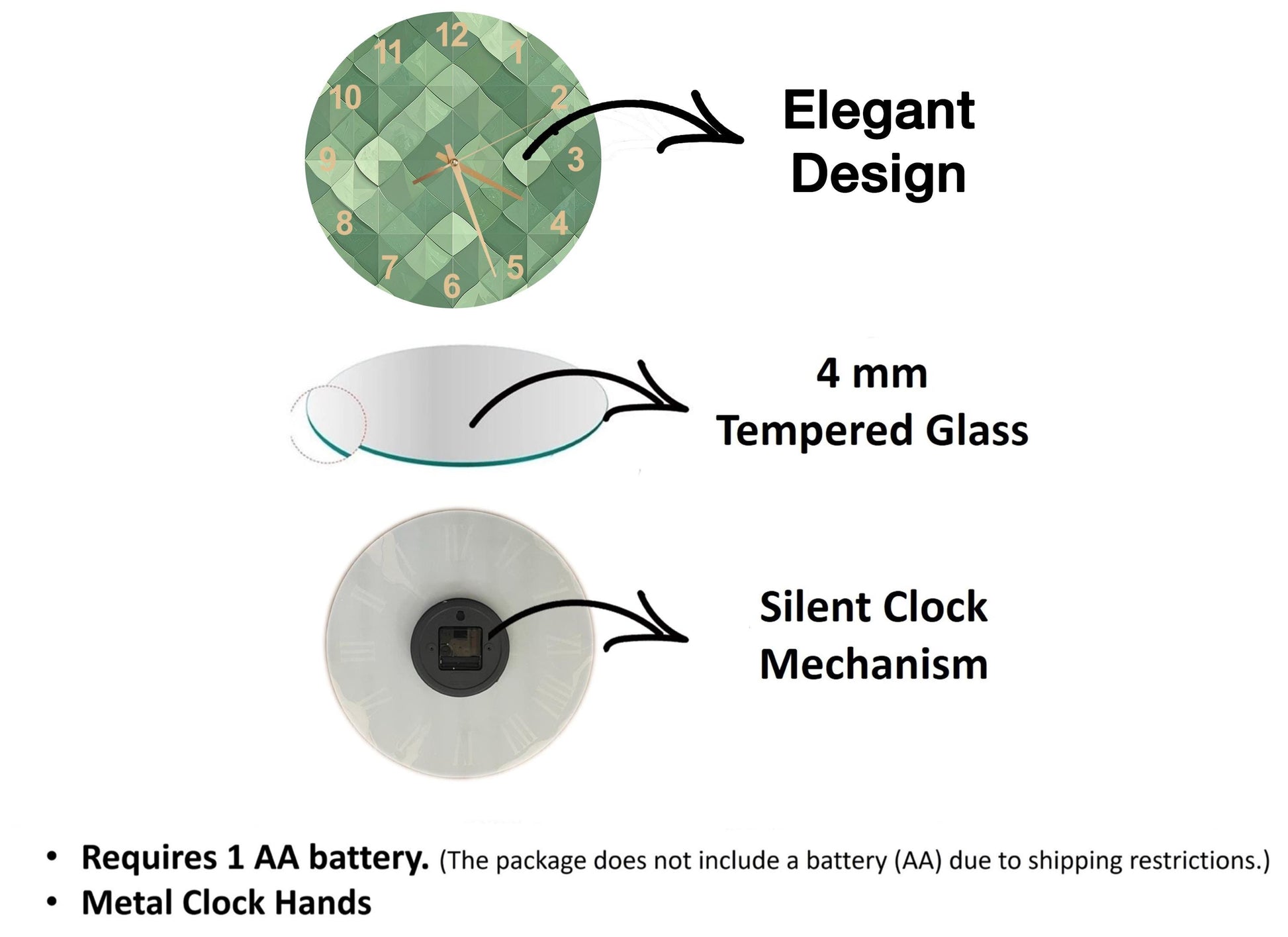 The image is a diagram that illustrates the features of a clock, including its design, materials, and mechanism.
