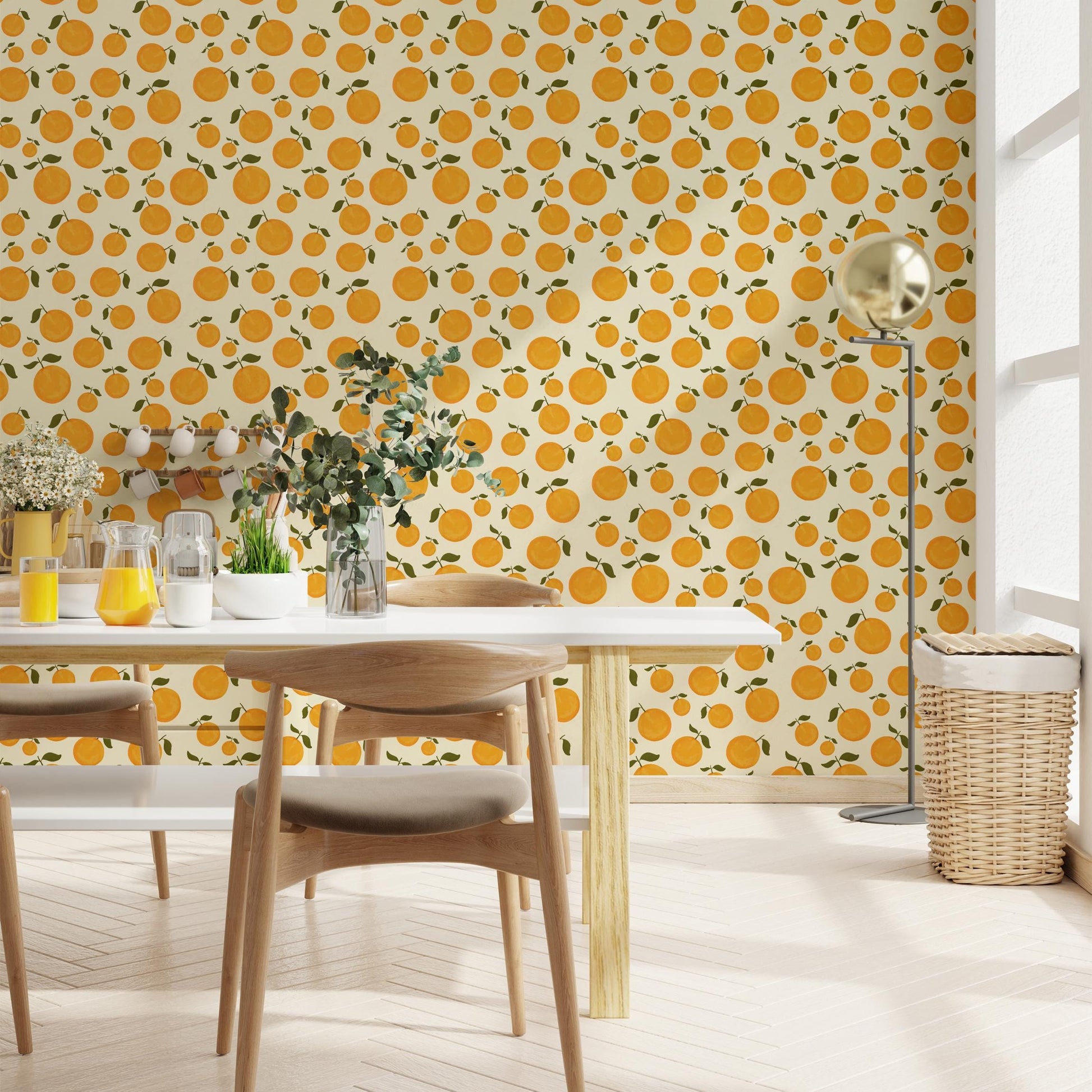 a dining area with a table and chairs, a vase of flowers, and a lamp. The wall behind the table has a repeating pattern of orange and green circles, creating a vibrant and lively atmosphere.