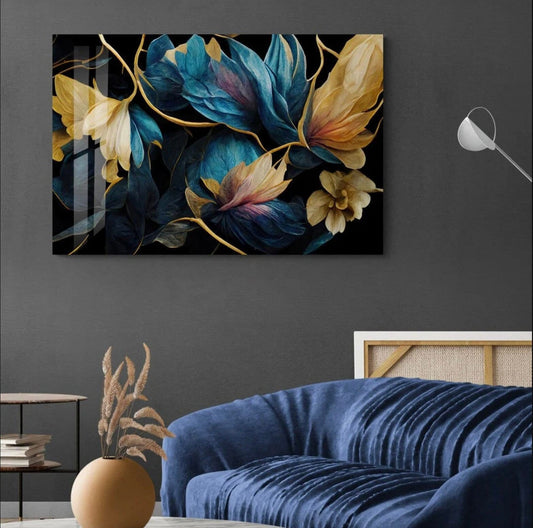 Colorful Glass Wall Art – Modern Floral Glass Print | Blue Botanical Decor