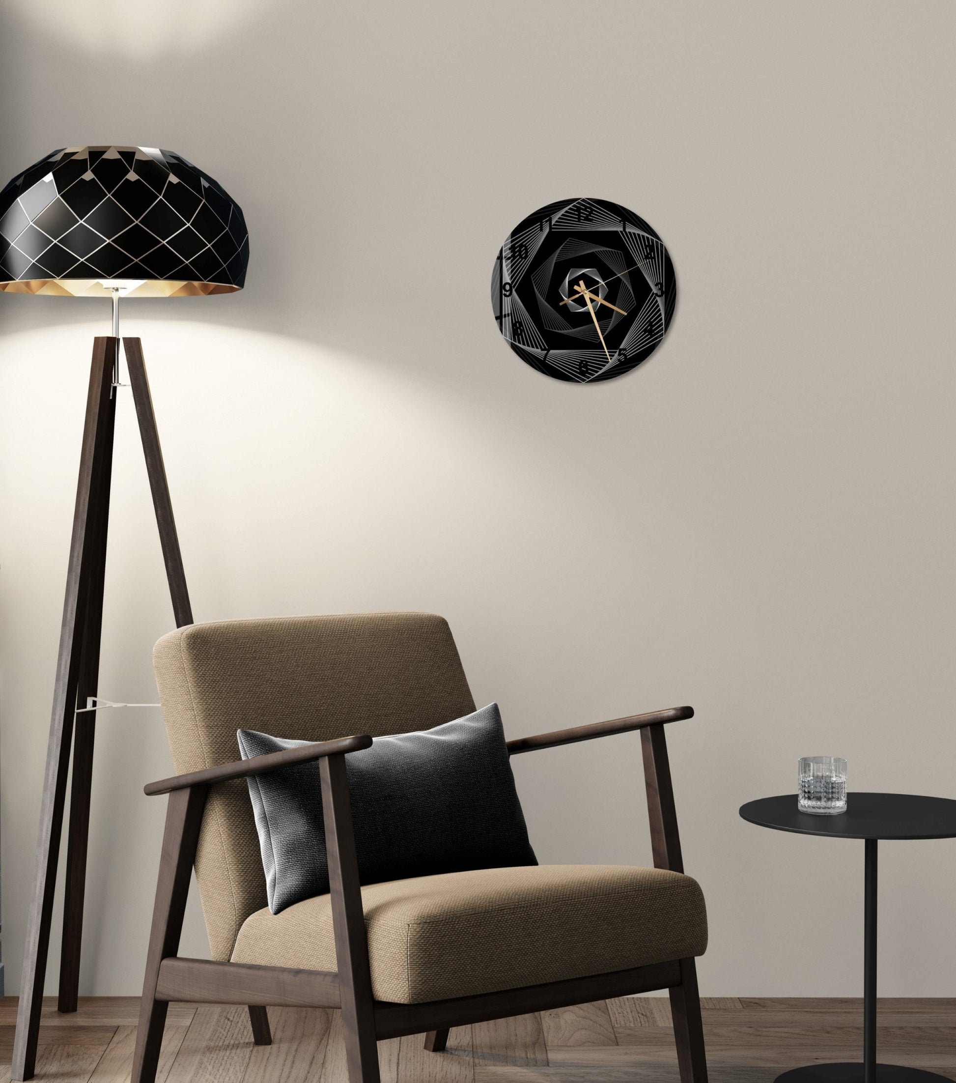 a living room with a chair and a lamp