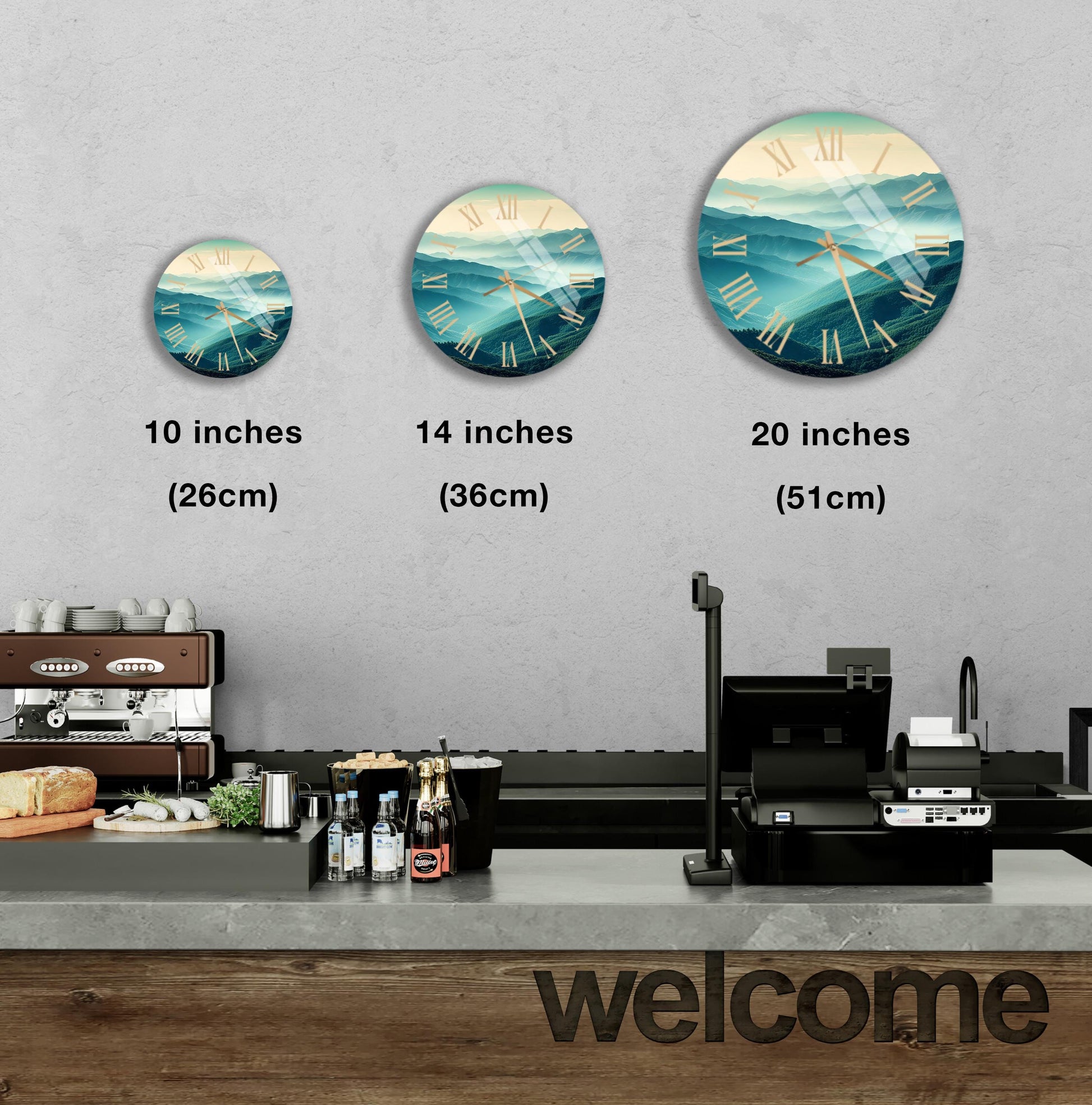 a coffee shop with three clocks on the wall