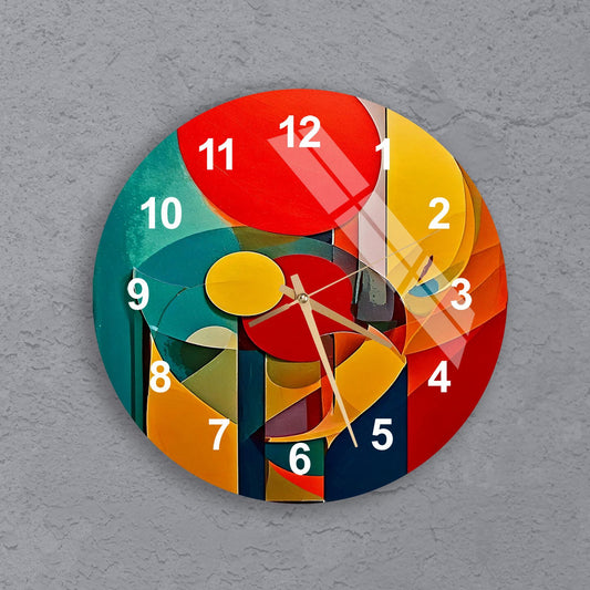 a multicolored clock on a gray wall with numbers