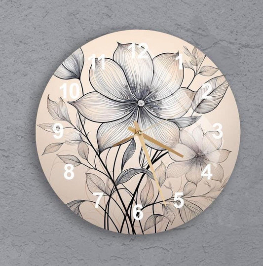 Floral Glass Wall Clock - Tempered Glass, Minimalist Flower Design, Beige Decor