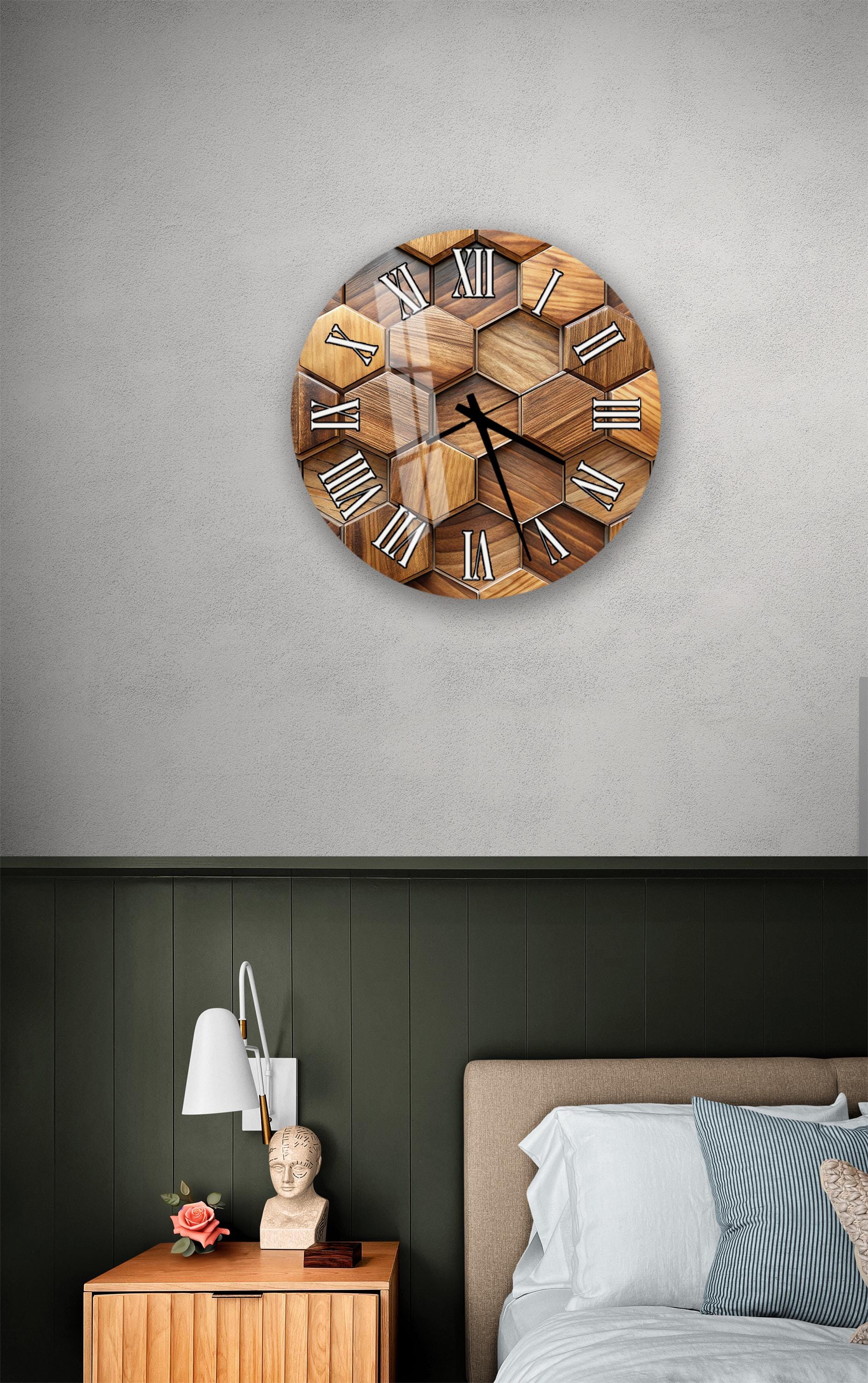 a bedroom setting with a wooden hexagonal clock on the wall above a bed.
