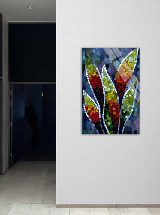 Tempered Glass Wall Art - Abstract Snake Plant Decor with Vibrant Botanical Leaf