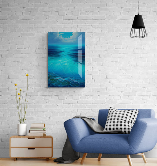 Tempered Glass Wall Art - Large Blue Sea Glass Ocean Beach Decor, Relaxing Coastal