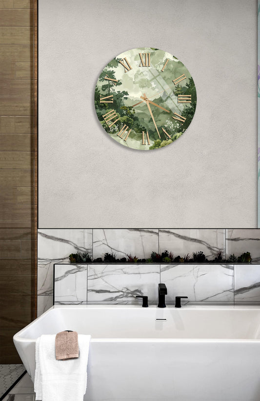 Tempered Glass Wall Clock – Forest Scenery, Green Landscape Decor, Silent Sweep