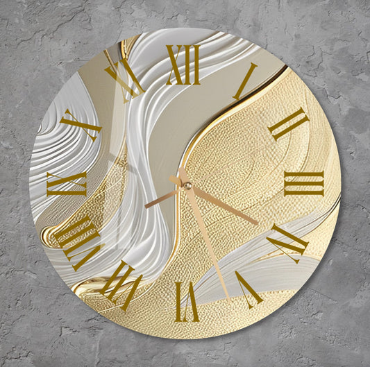 a gold and white clock with roman numerals