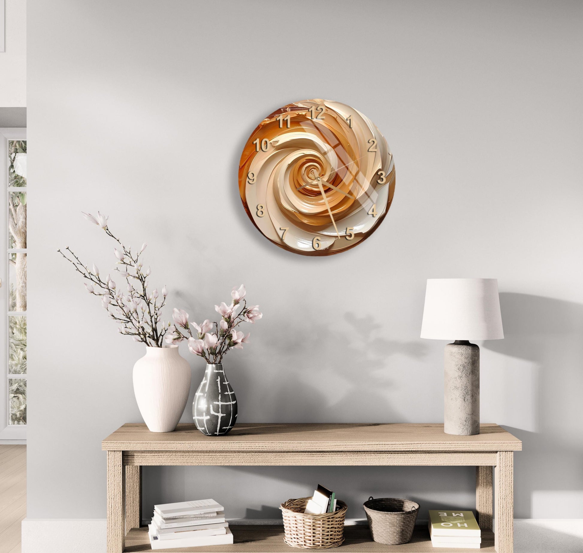 a modern living room with a wooden console table, a lamp, a vase with flowers, and a clock on the wall.