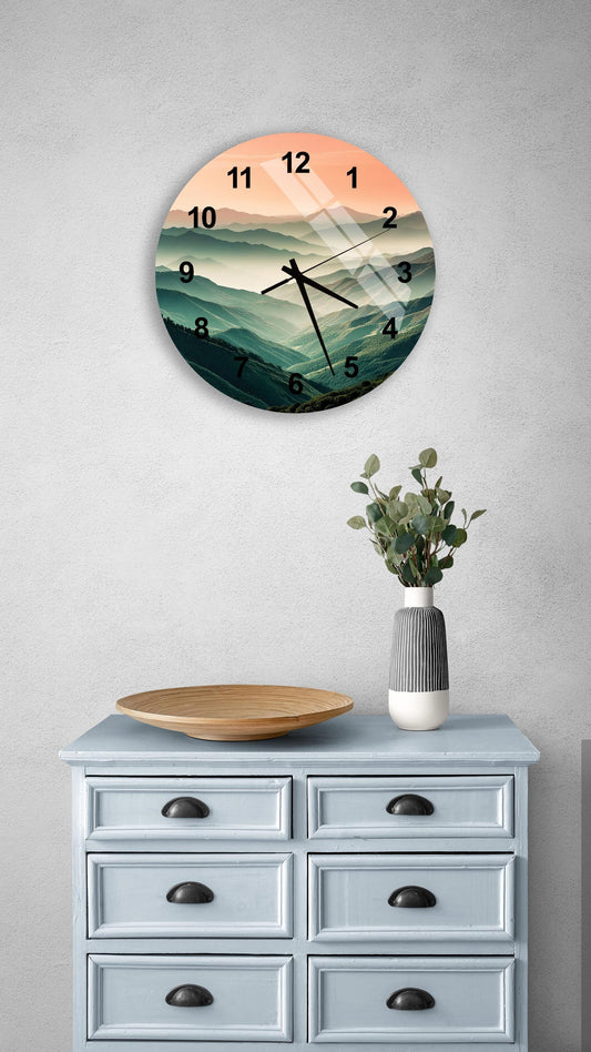 a clock on a wall above a dresser