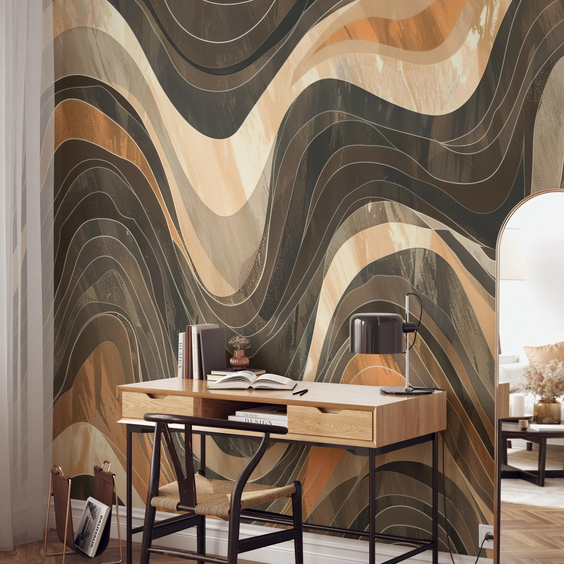 a modern workspace with a wooden desk and a black chair, set against a large abstract wall mural with a wave-like pattern in shades of brown, orange, and gray.