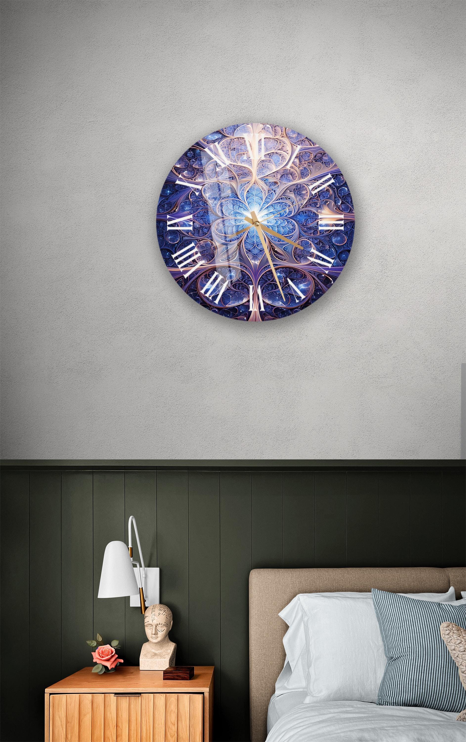 a bedroom with a bed and a large clock on the wall