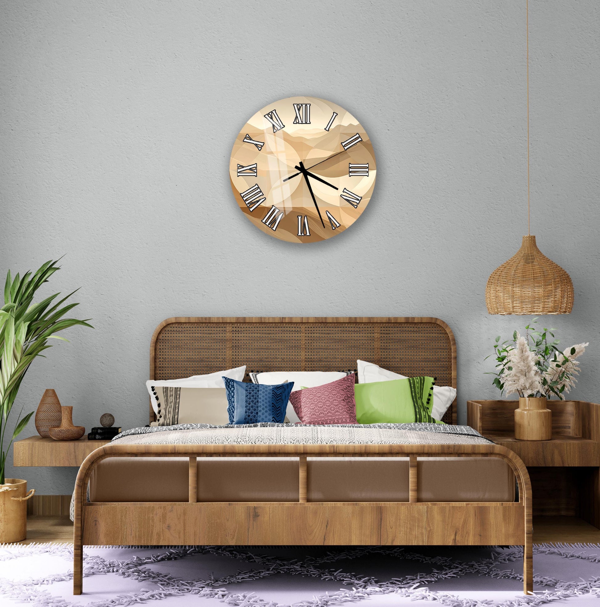 a bedroom with a large wooden bed, a round wall clock, and various decorative elements such as a potted plant and a vase.