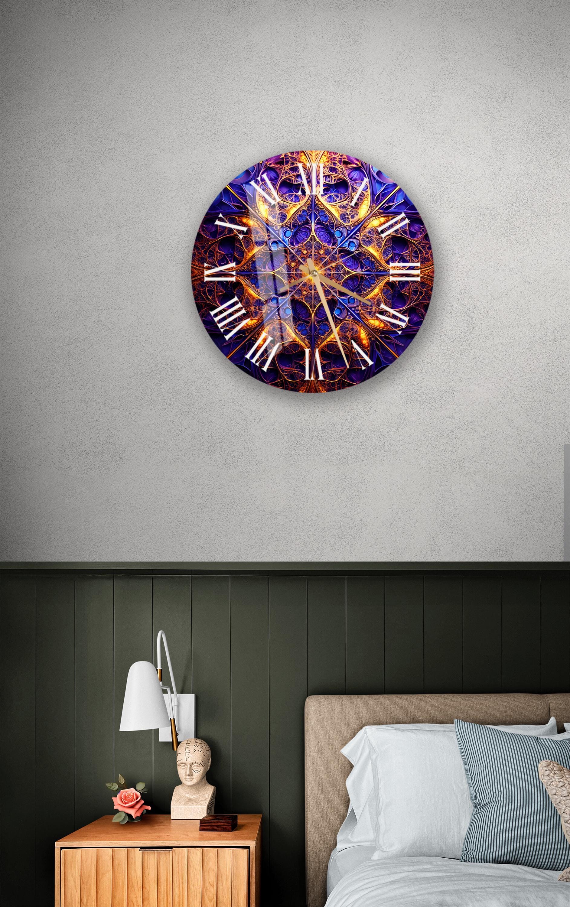 a large clock on the wall above a bed