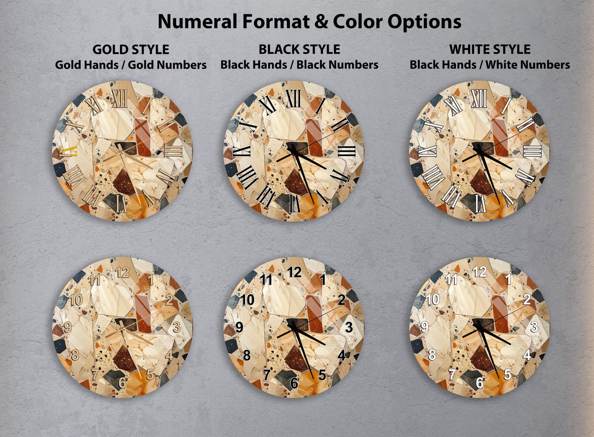 six different clock designs, each with a unique color and style, arranged in a grid format.
