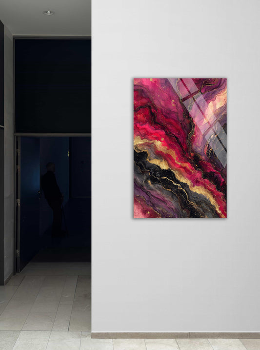 Abstract Tempered Glass Wall Art - Pink Black Marble Vibrant Alcohol Ink Design