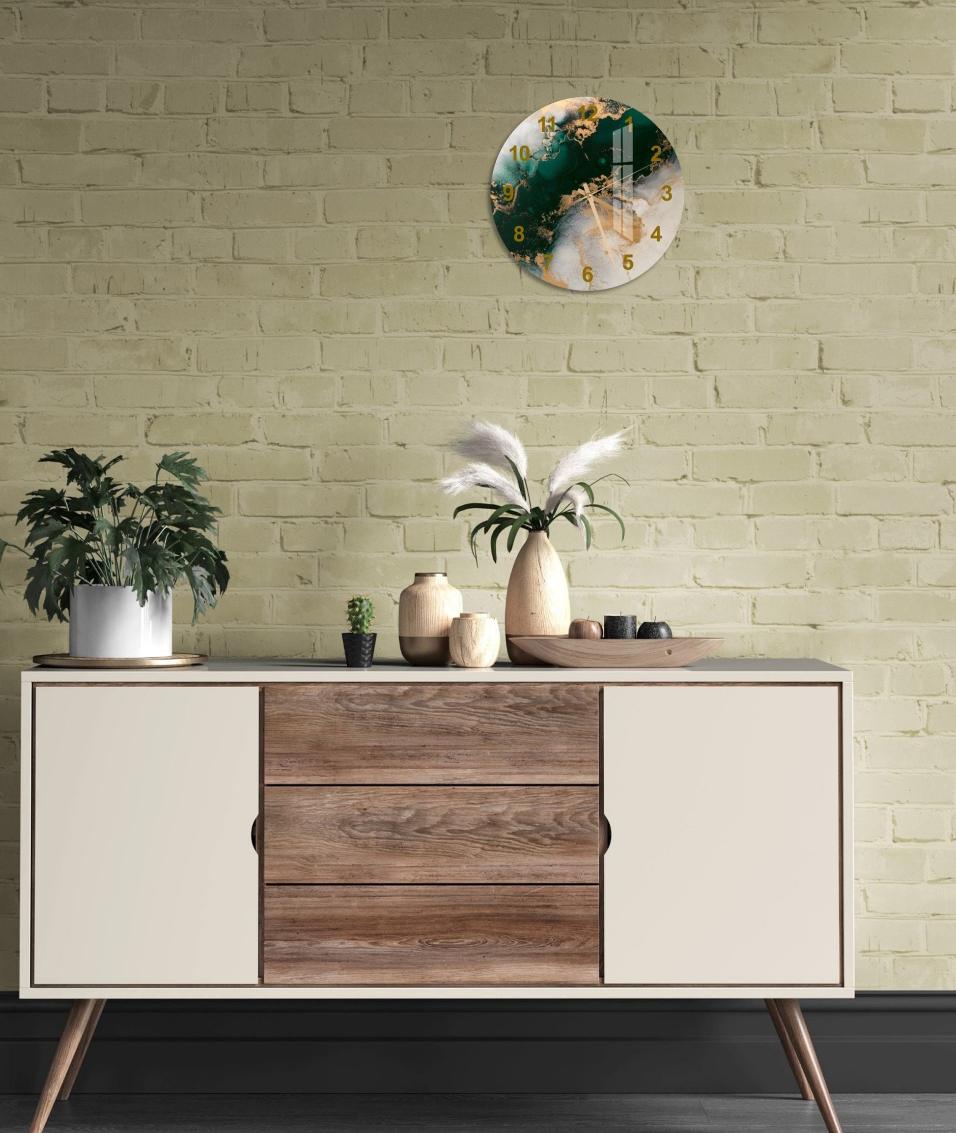 a sideboard with a plant and a clock on it