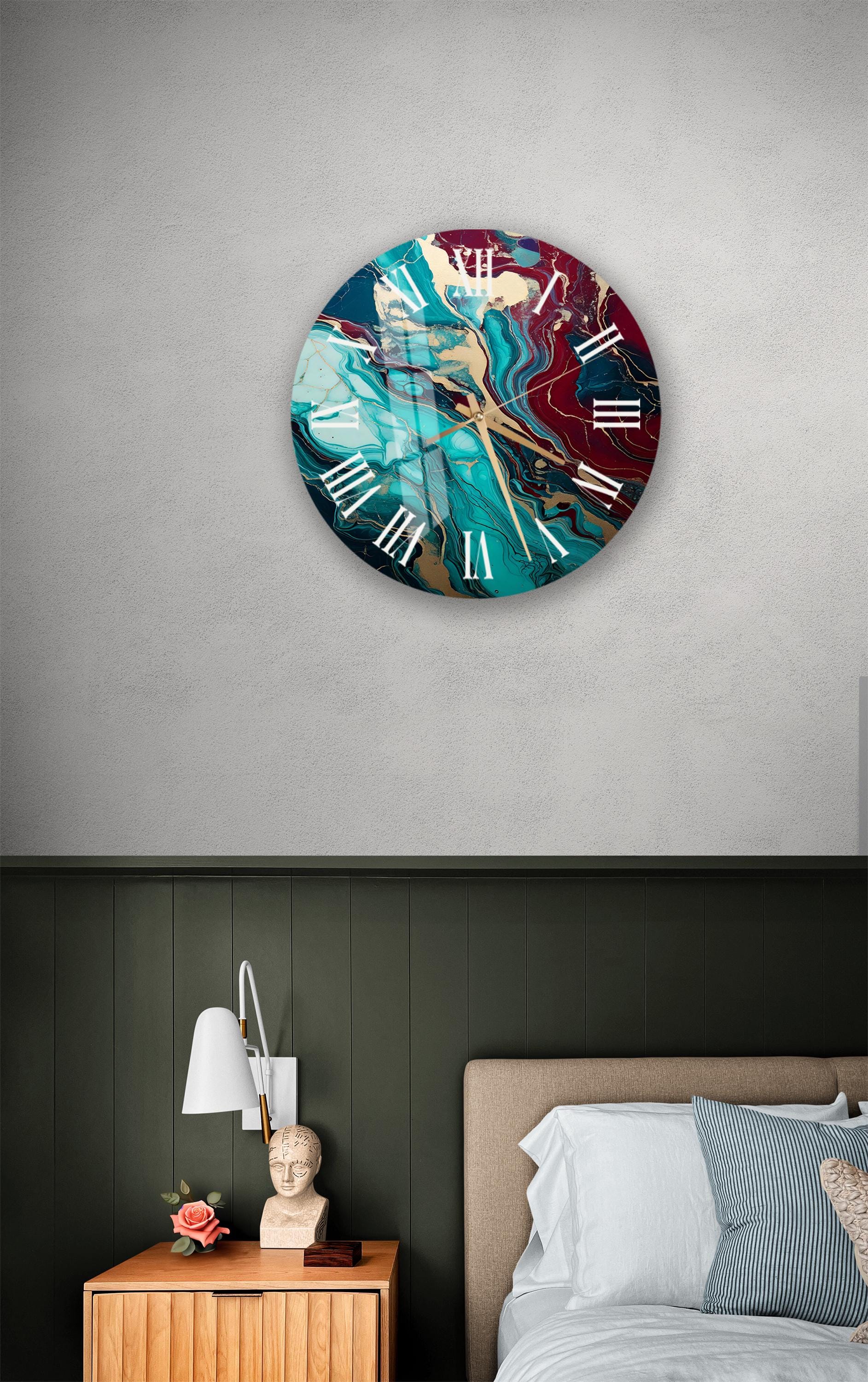 a bedroom with a bed and a clock on the wall