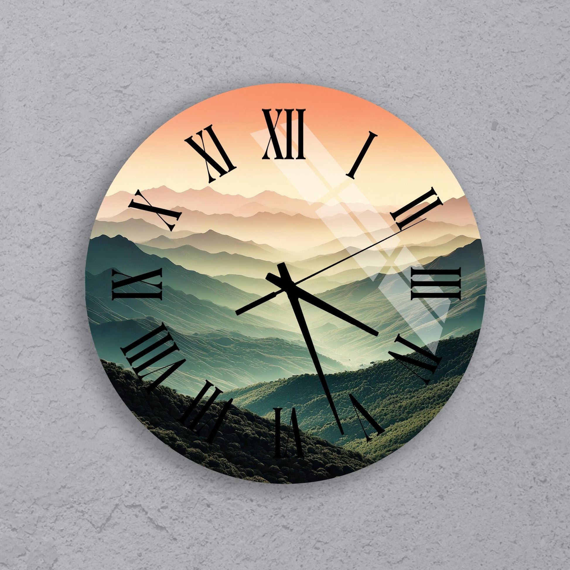 a clock on a wall with a view of mountains