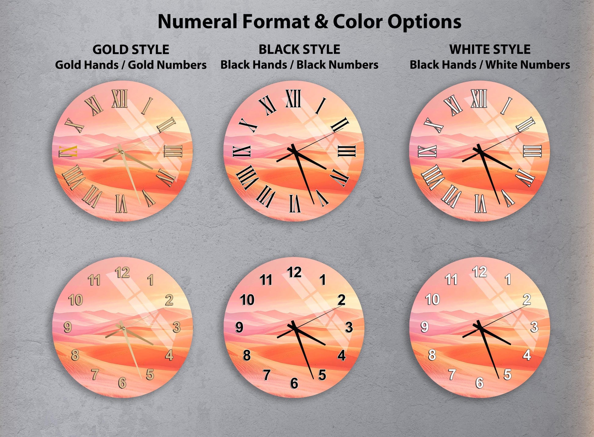 a collection of six clock faces with different styles and color options, including gold, black, white, and black and white.