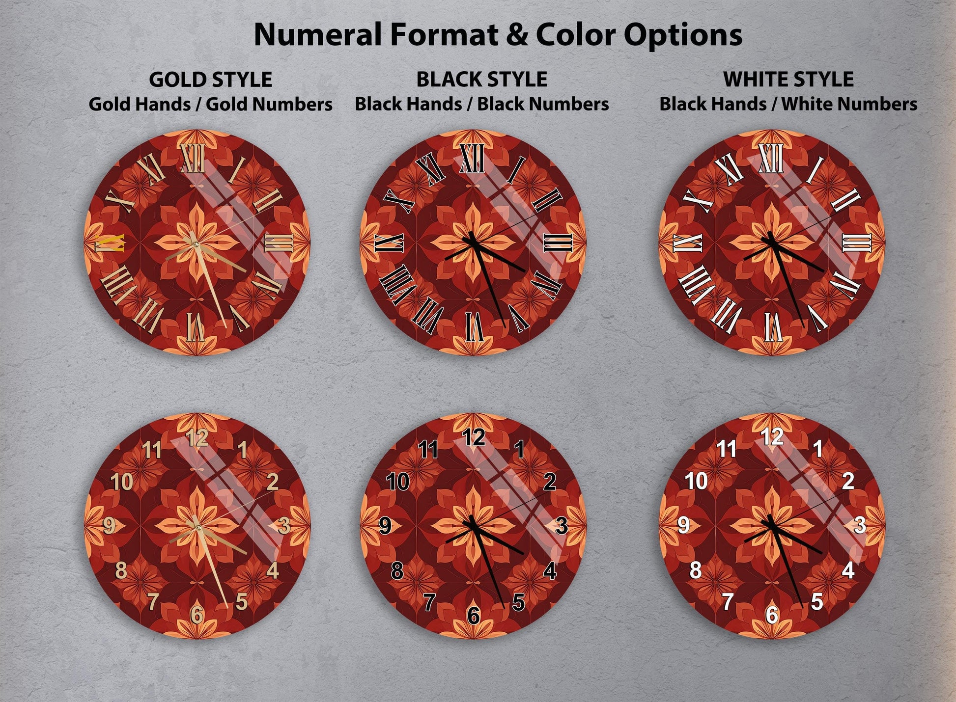 a collection of six clock faces with different styles and color options, including gold, black, white, and black and white.