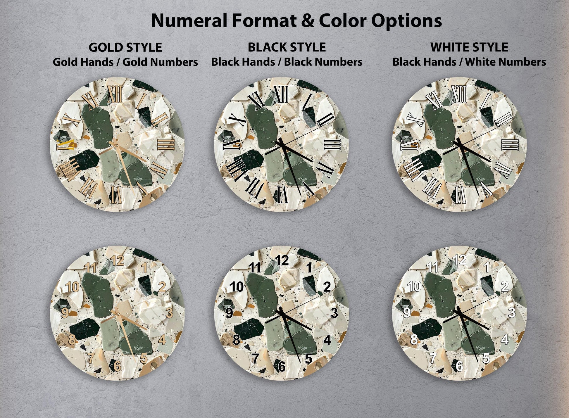 six different clock faces with various styles and color options, including gold, black, white, and black and white.