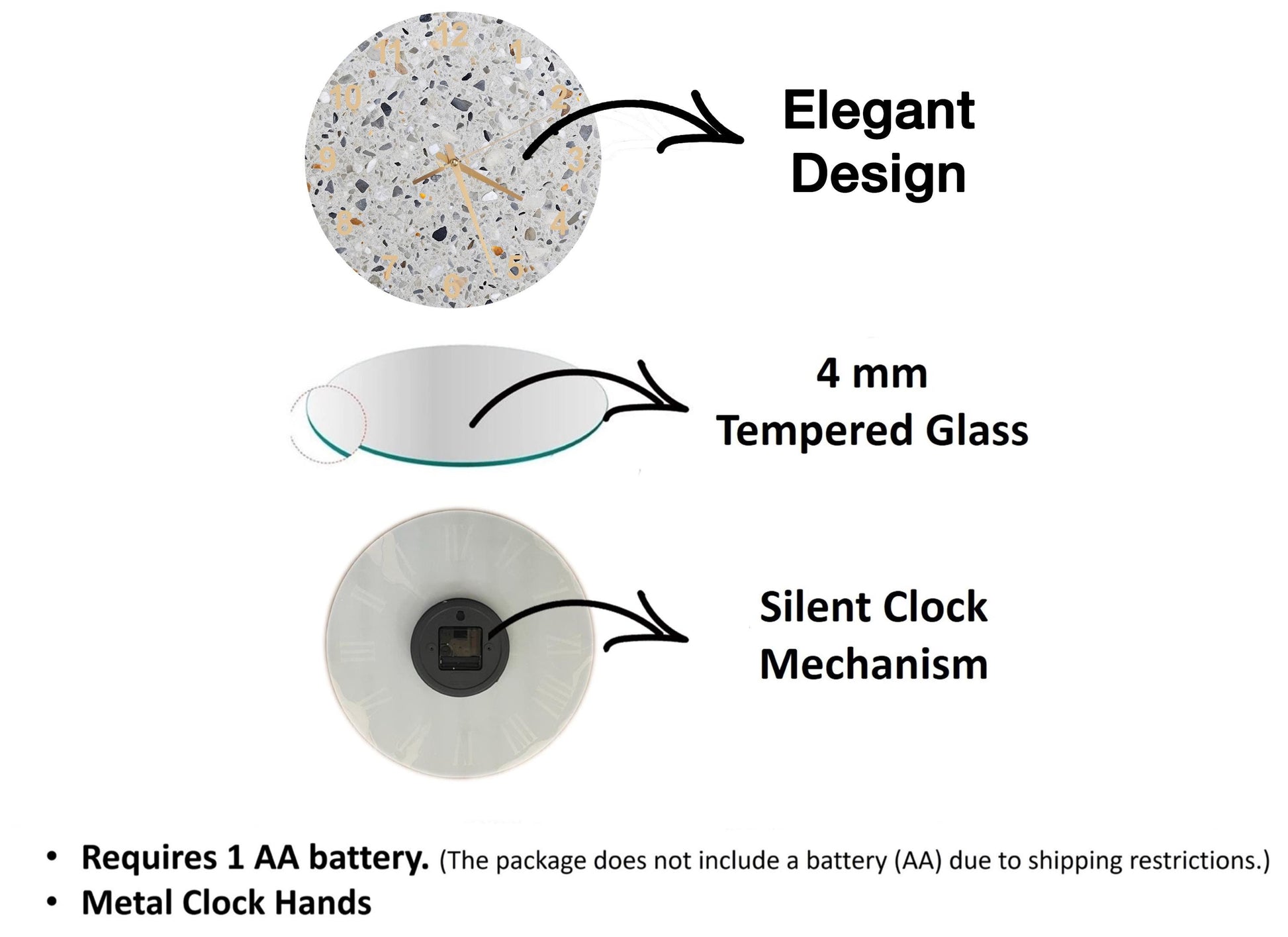 The image is a diagram that illustrates the components of a clock, including the elegant design, the 4 mm Tempered Glass, and the silent clock mechanism.