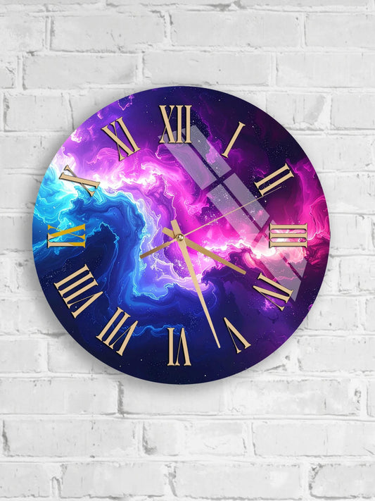 six circular wall clocks with a cosmic or space-themed design, mounted on a white brick wall.