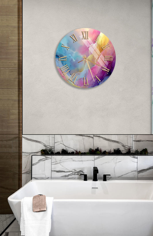 Tempered Glass Wall Clock - Abstract Watercolor Art, Pink Blue Decor, Silent