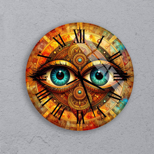 a clock with a unique design that resembles a pair of eyes. The clock has a colorful, abstract pattern with Roman numerals and a clock face.