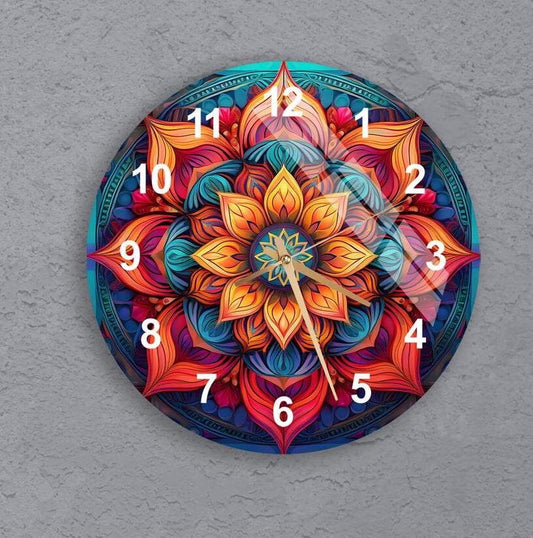 Boho Glass Wall Clock - Mandala Glass Art | Warm Toned Decor | Silent Mechanism