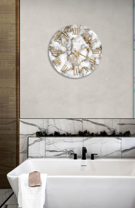 Marble Gold Wall Clock - Tempered Glass Round Clock, Luxury Modern Decor
