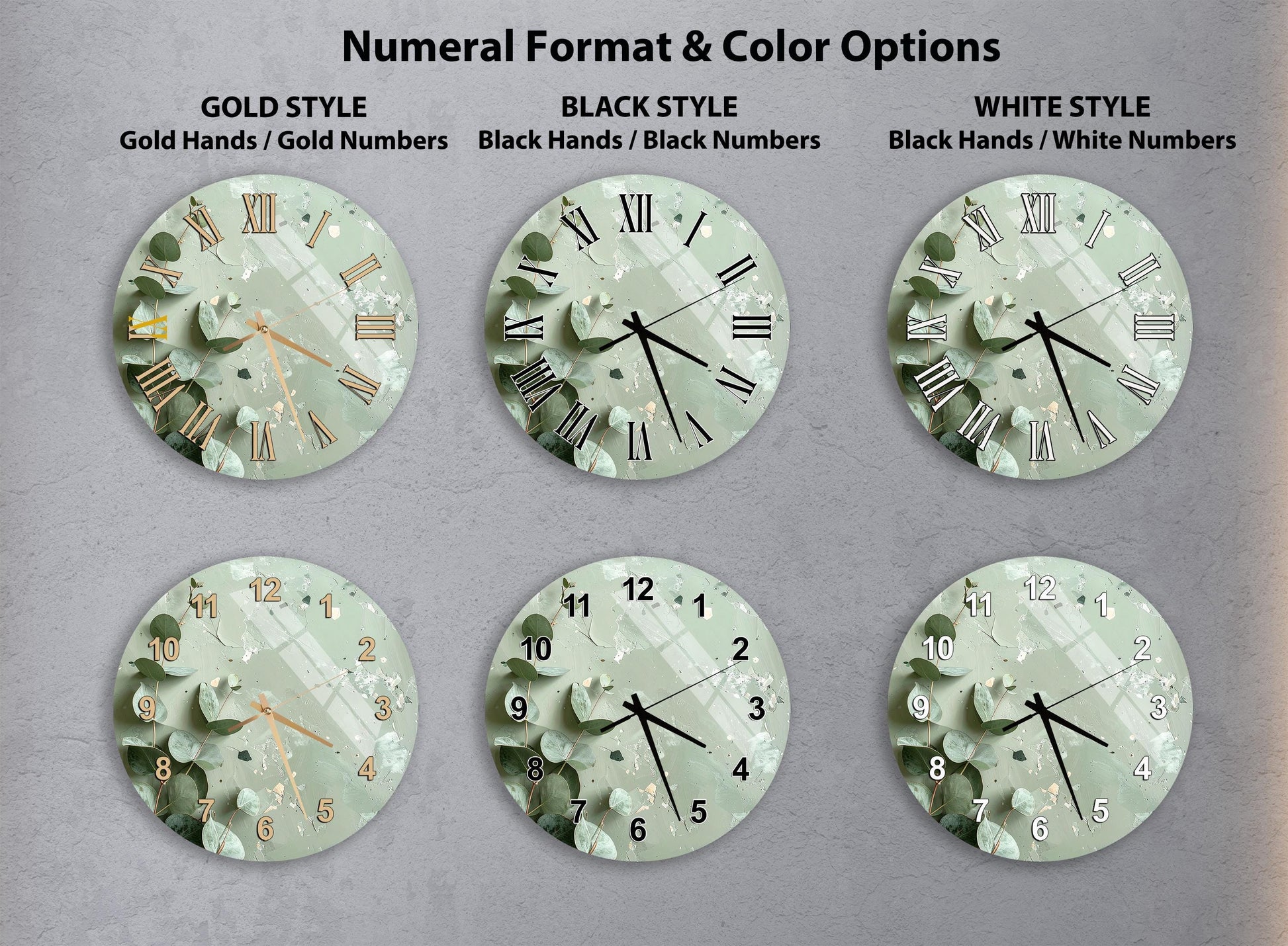 a collection of six wall clocks with different styles and color options, including gold, black, white, and black and white.