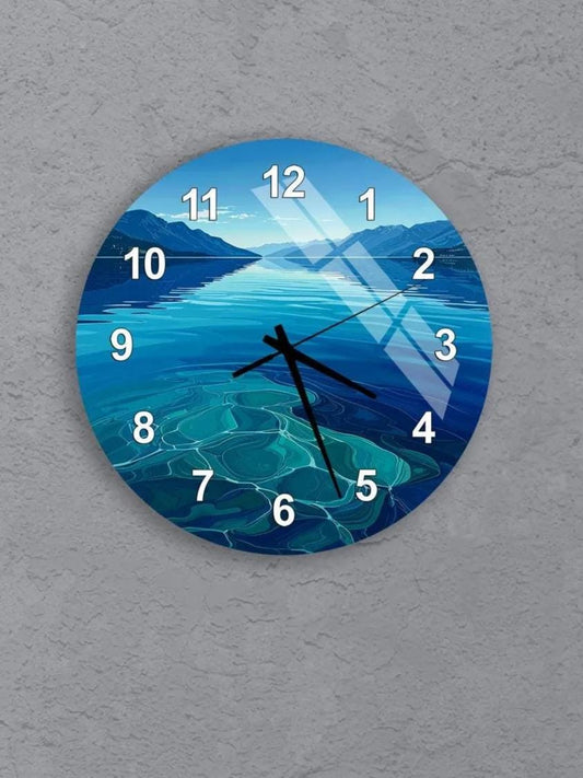 six circular wall clocks with blue ocean and sky backgrounds, each showing a different time.