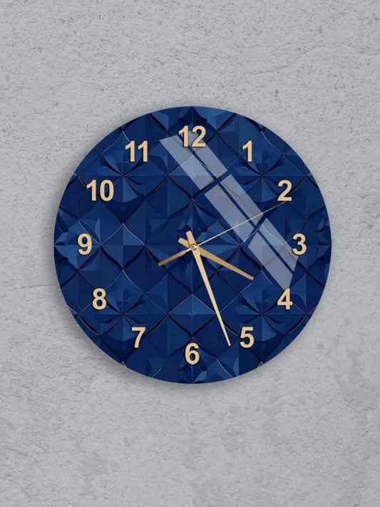 six blue wall clocks with gold hands and numbers, arranged in a grid pattern on a gray wall.