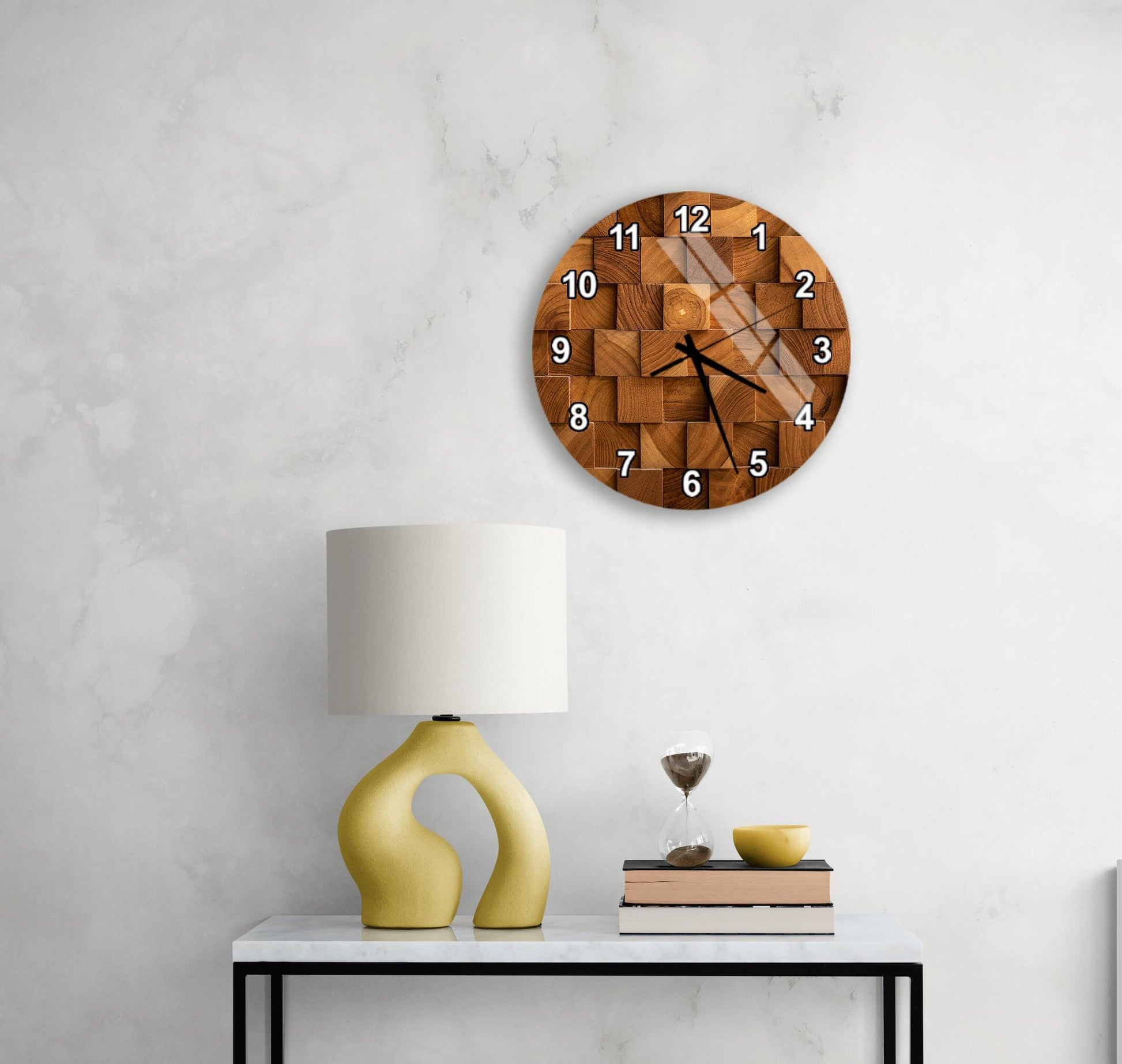 a modern interior design with a wooden clock, a yellow lamp, and a white table.
