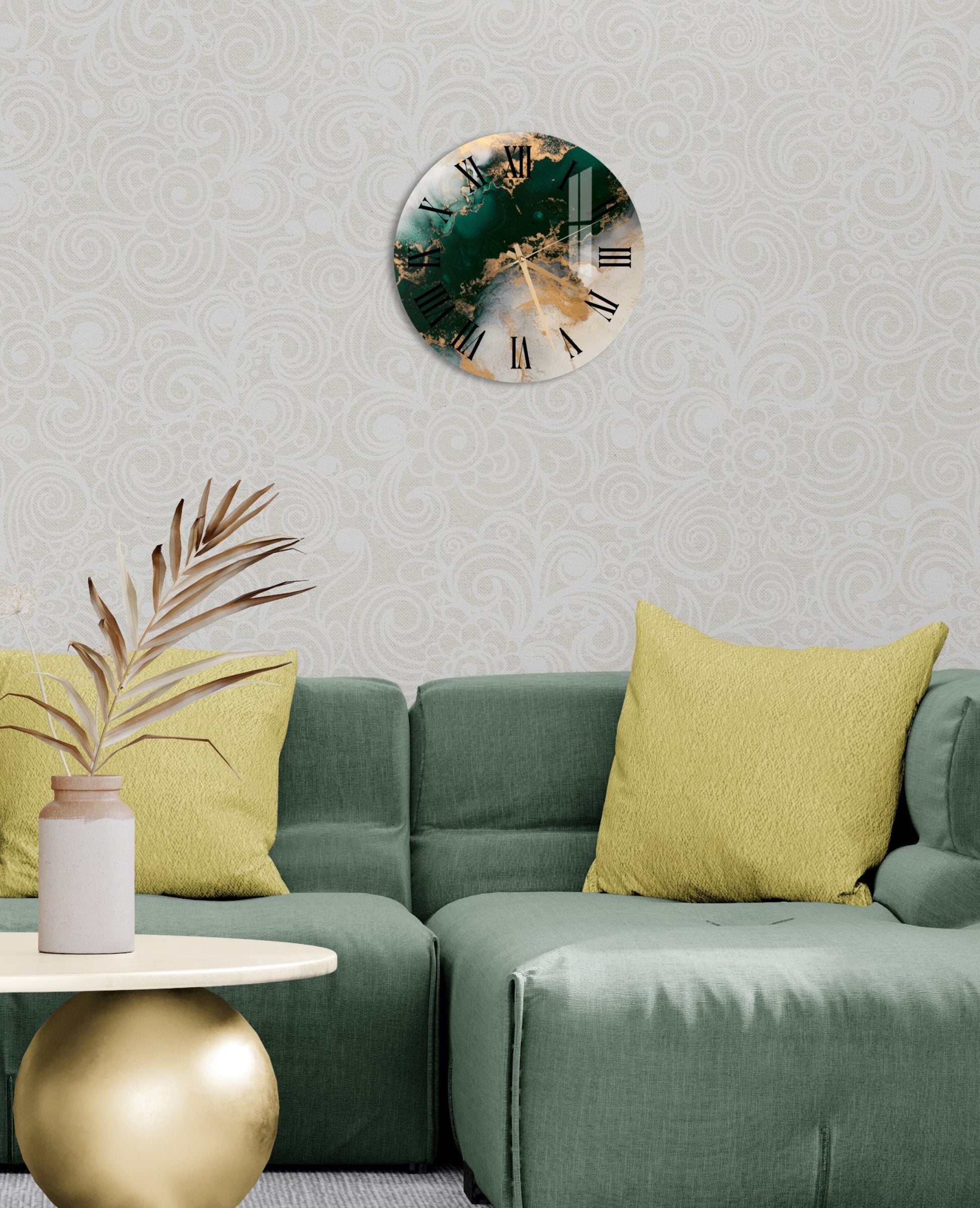 a living room with a green couch and a clock on the wall
