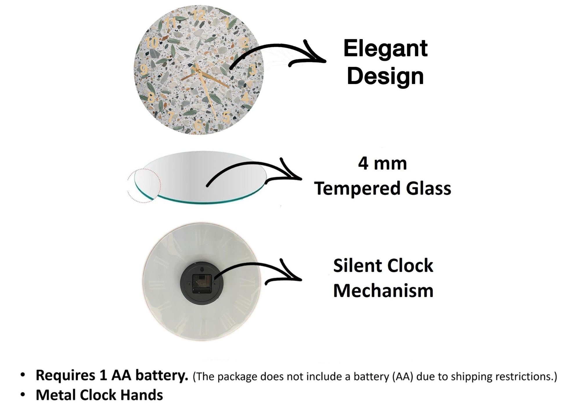 The image is a diagram that illustrates the features of a clock, including its design, materials, and mechanism.