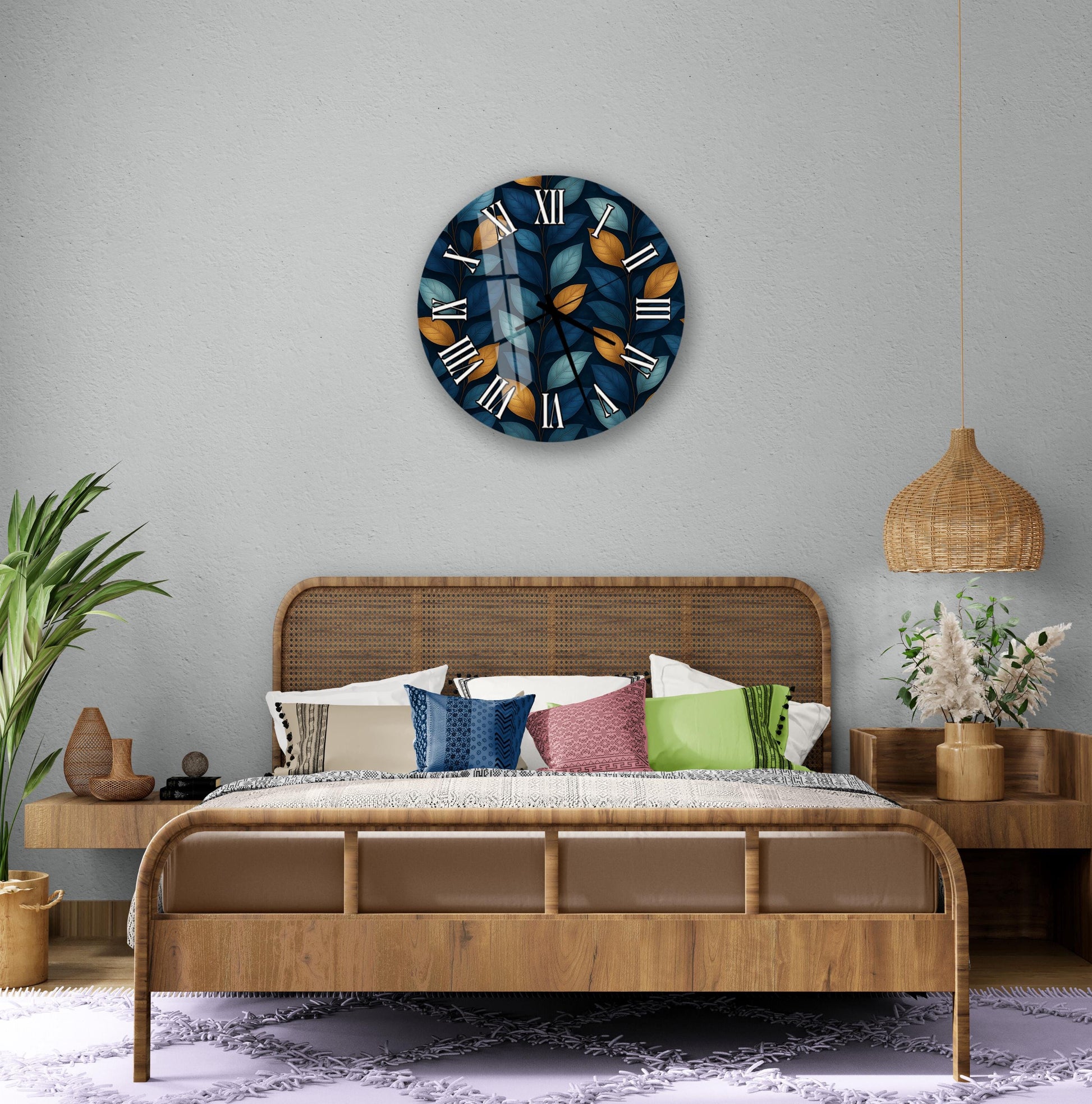 a bedroom with a large bed, a wicker headboard, and a wall clock with a blue and orange design. The room has a neutral color scheme with a wicker pendant light and a plant on a side table.