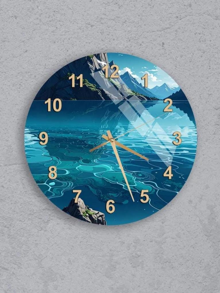 six round wall clocks with blue and white designs, each showing a different time.
