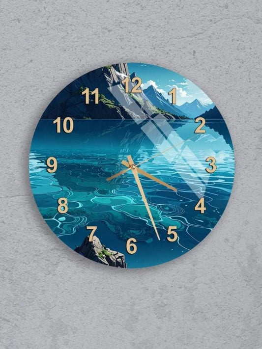 six round wall clocks with blue and white designs, each showing a different time.