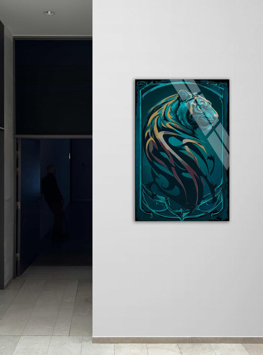 Abstract Tempered Glass Wall Art – Teal Tiger Mural | Luxury Office Gift