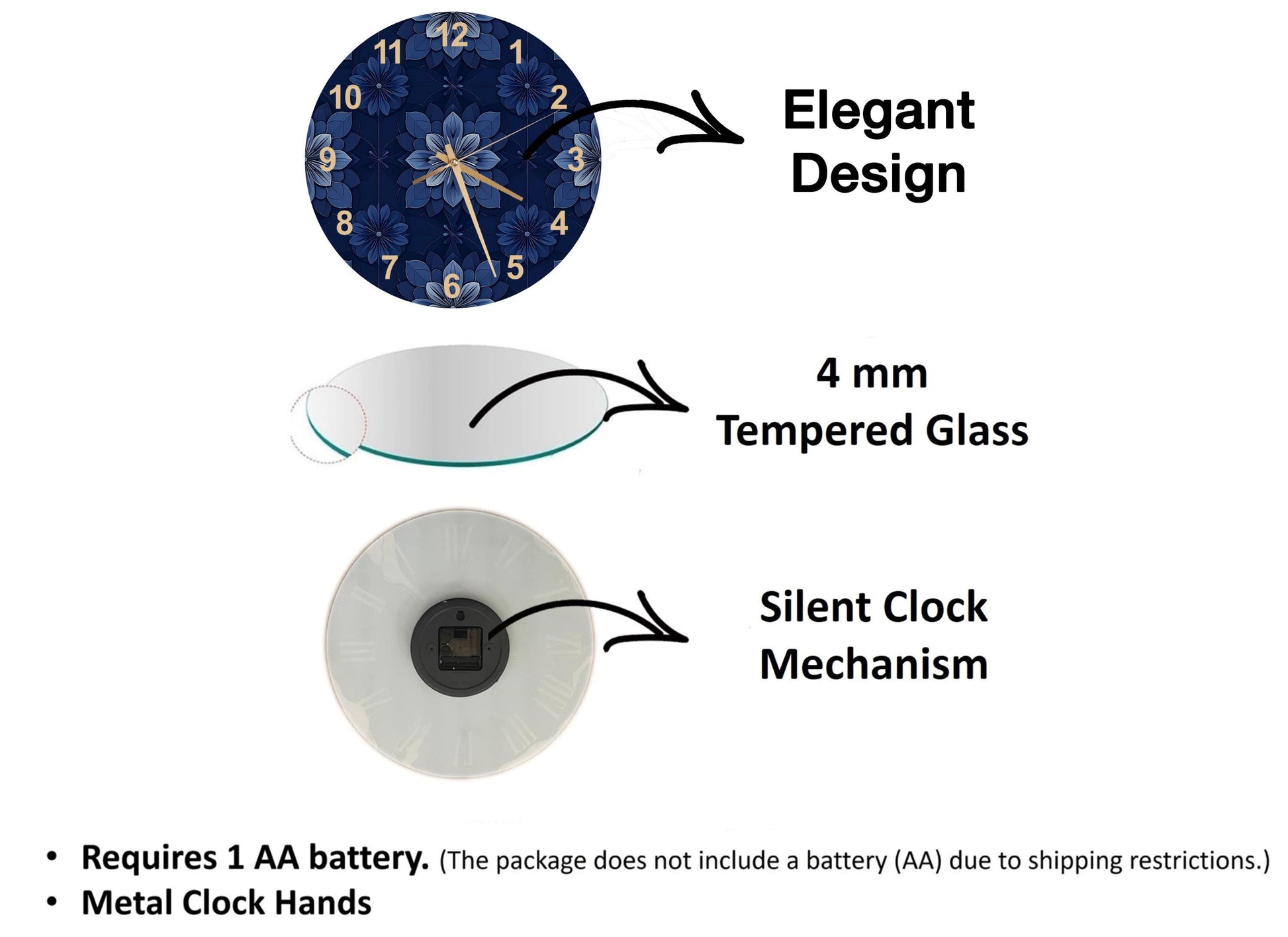 The image is a diagram that illustrates the features of a clock, including its design, size, and mechanism. It shows a 4 mm Tempered Glass clock, a silent clock mechanism, and a metal clock hand. The diagram also includes text that explains the features of the clock, such as the requirement of a 1 AA battery and the absence of a battery (AA) due to shipping restrictions.