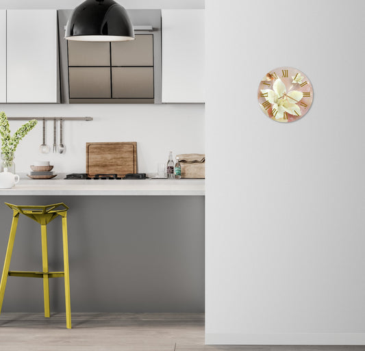 a kitchen with a yellow stool and a clock on the wall